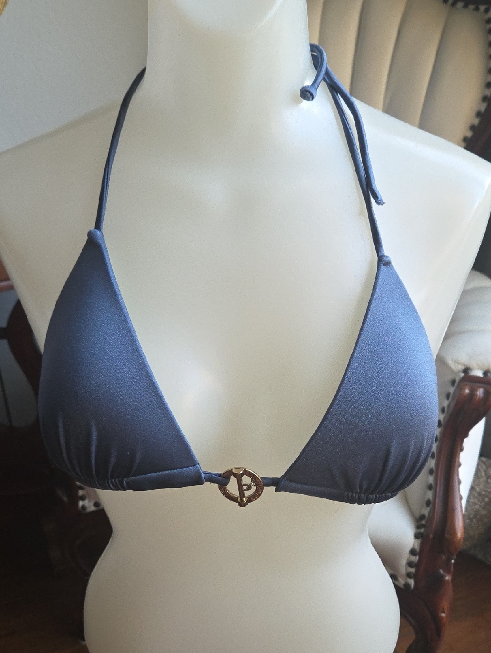 Victoria's Secret Blue Triangle Bikini Top with Decorative Gold Accent